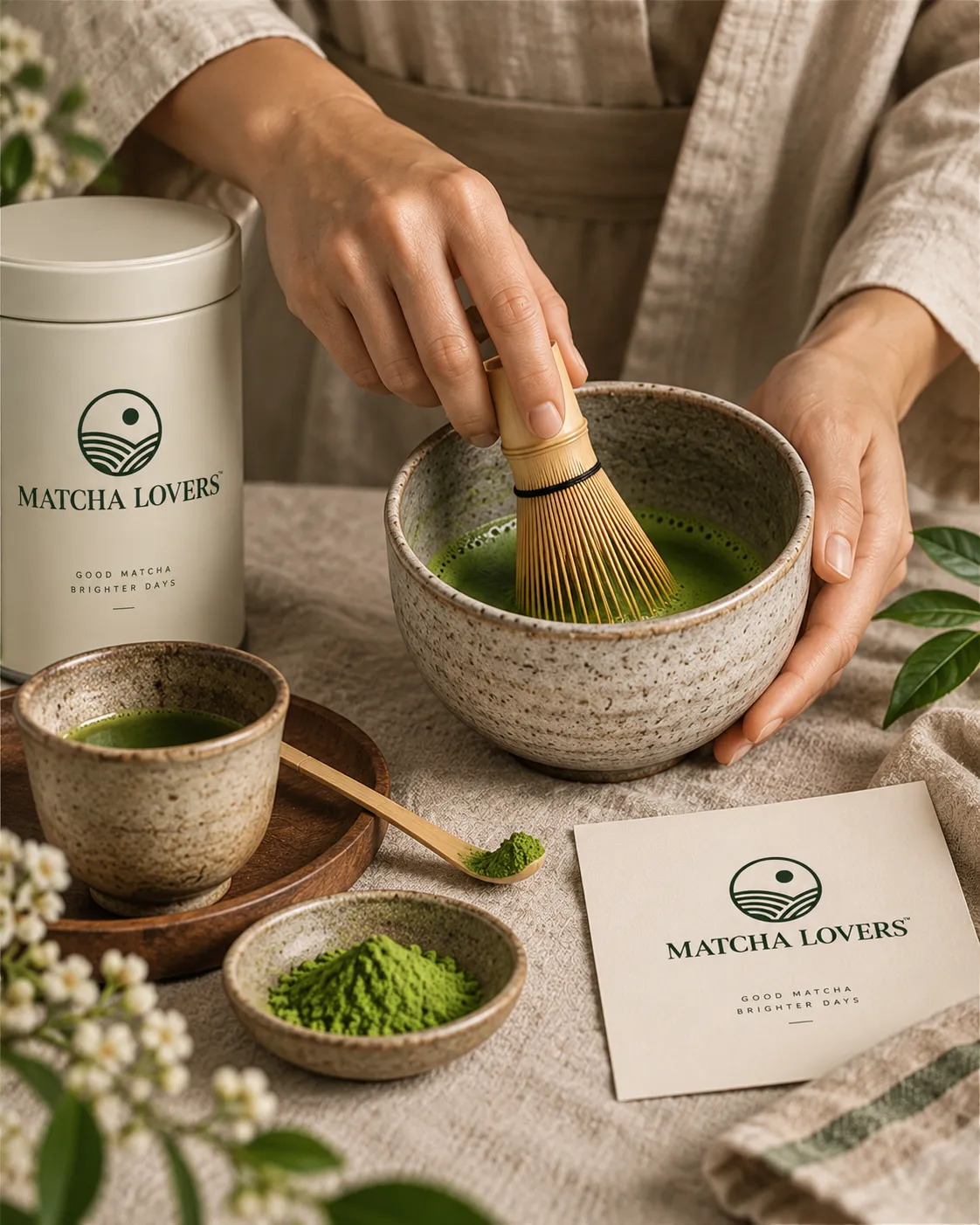 Manos batiendo matcha en un cuenco de cerámica con un chasen de bambú, junto a la lata del lote