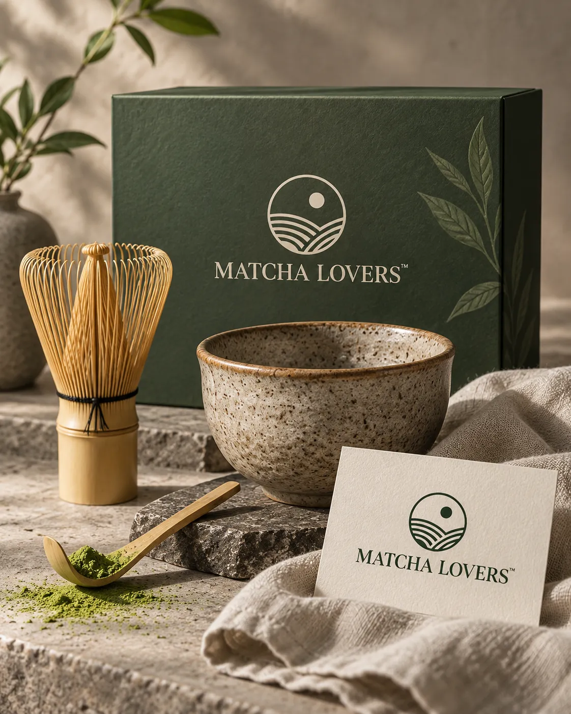 Caja de regalo verde de Matcha Lovers con chasen de bambú y cuenco de cerámica
