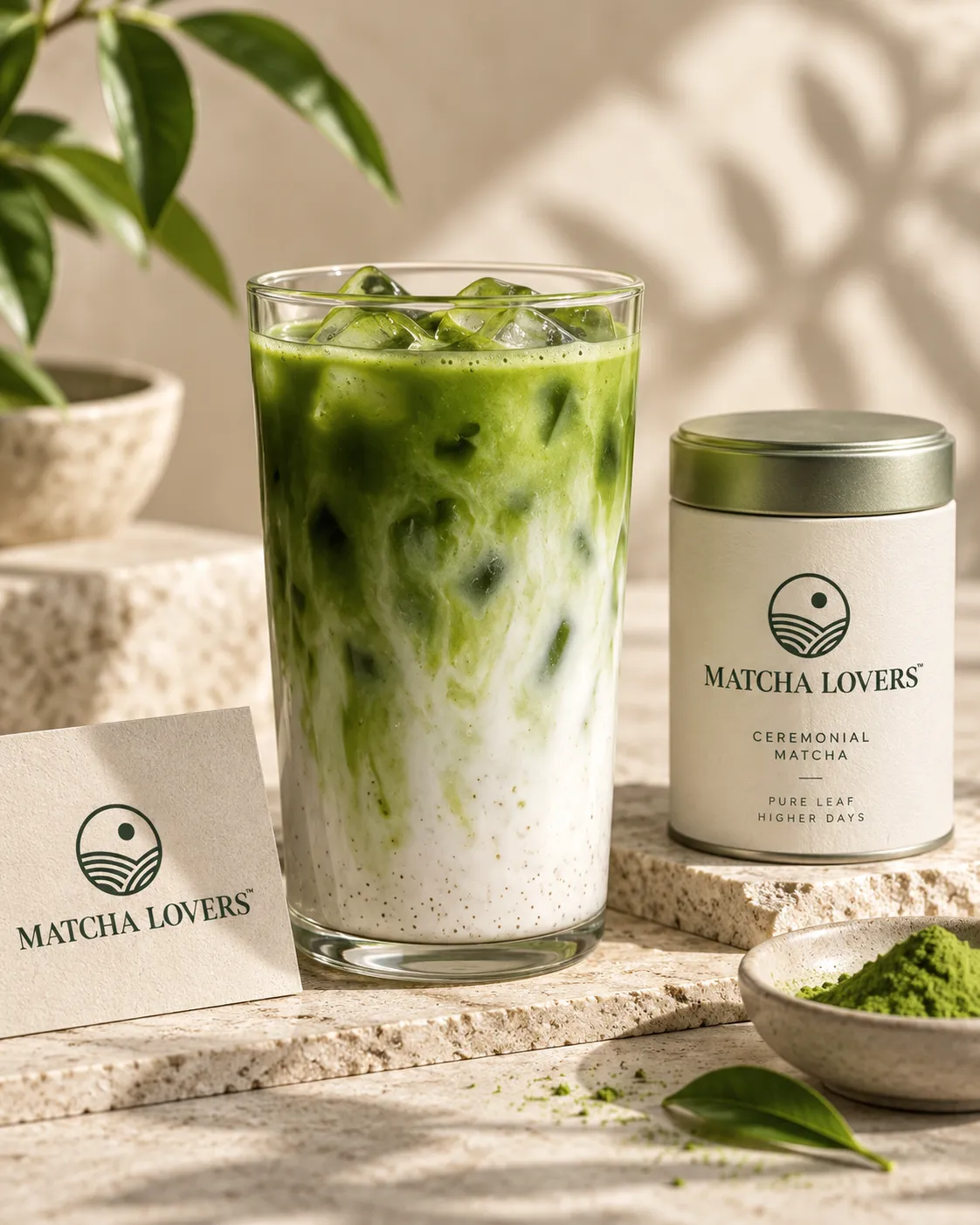 Vaso alto con matcha latte helado sobre piedra, junto a la lata ceremonial