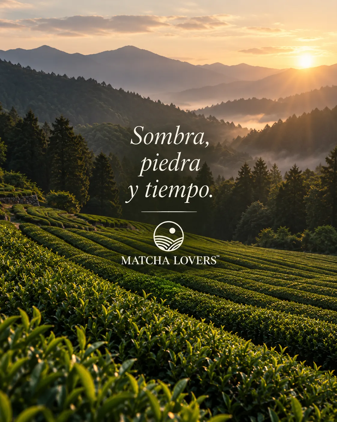 Campo de té en terrazas al amanecer, con la niebla sobre las montañas de Uji